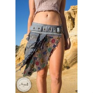 Patchwork Pocket Skirt Blue/Gray Festival Clothing